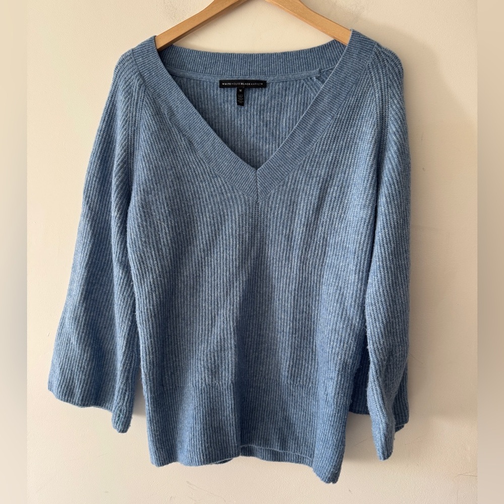White House Black Market‎ Blue Sweater Wool Blend Wide 3/4 Sleeve